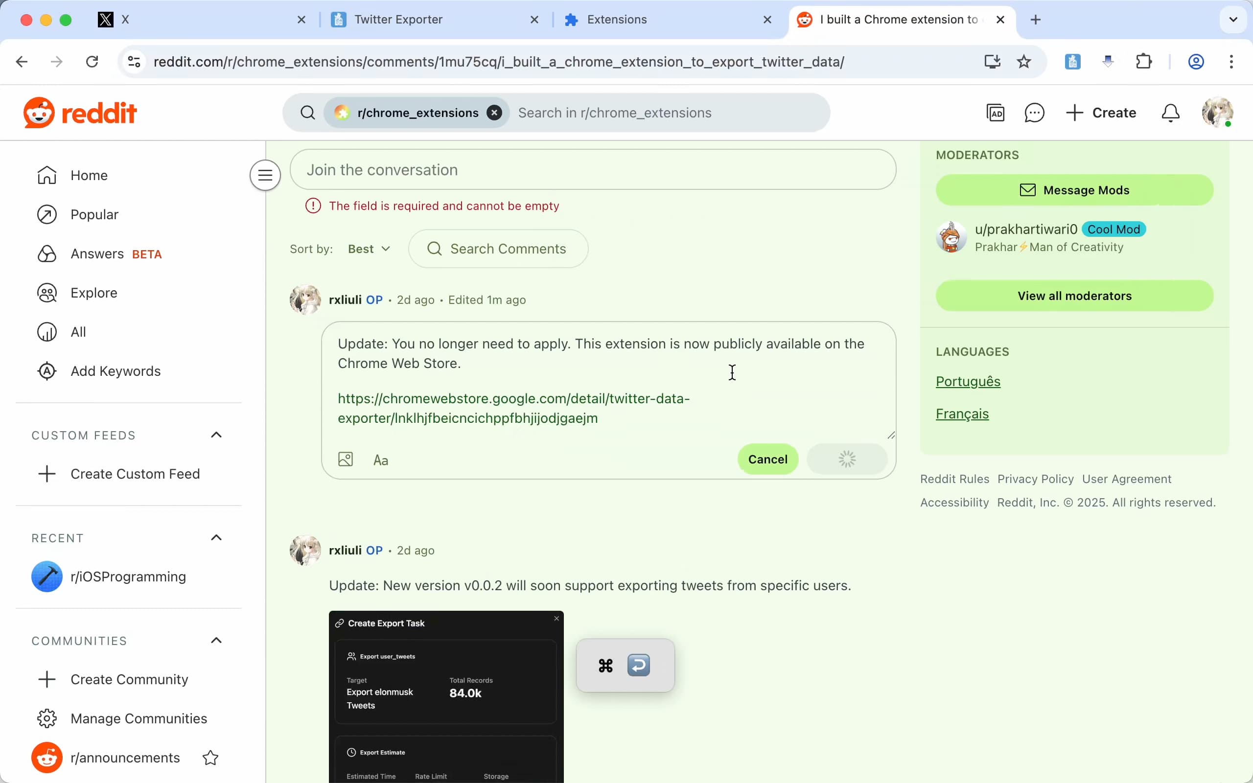 Preview of Reddit Ctrl+Enter Sender